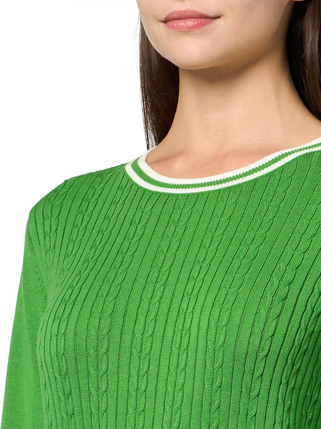 imageNautica Womens Solid Cable Long Sleeve Tipped SweaterNew LeafIvory