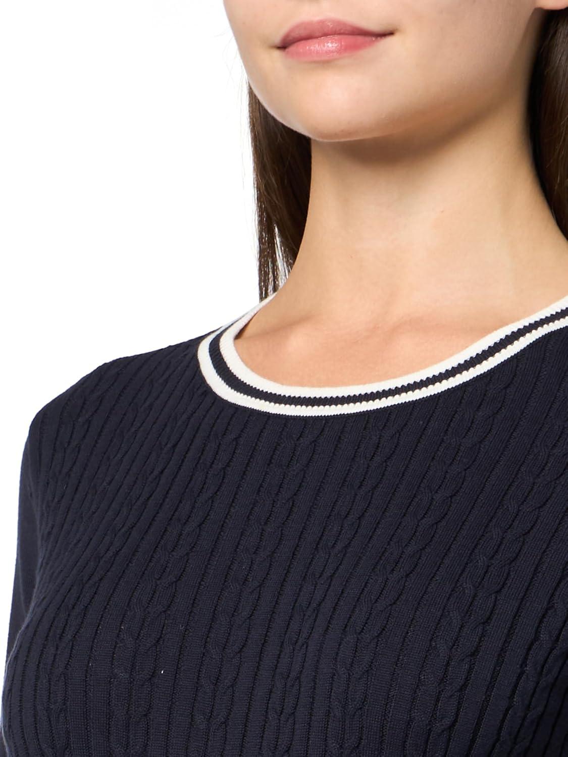 imageNautica Womens Solid Cable Long Sleeve Tipped SweaterNight SkyIvory