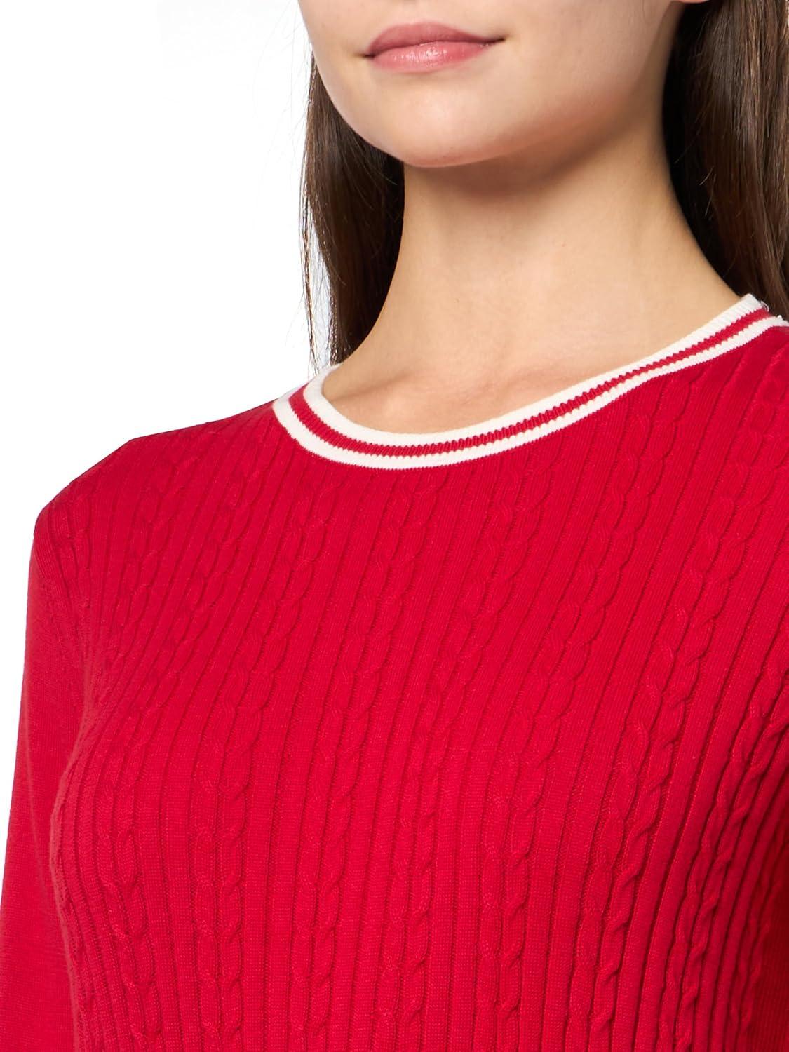 imageNautica Womens Solid Cable Long Sleeve Tipped SweaterScarletIvory