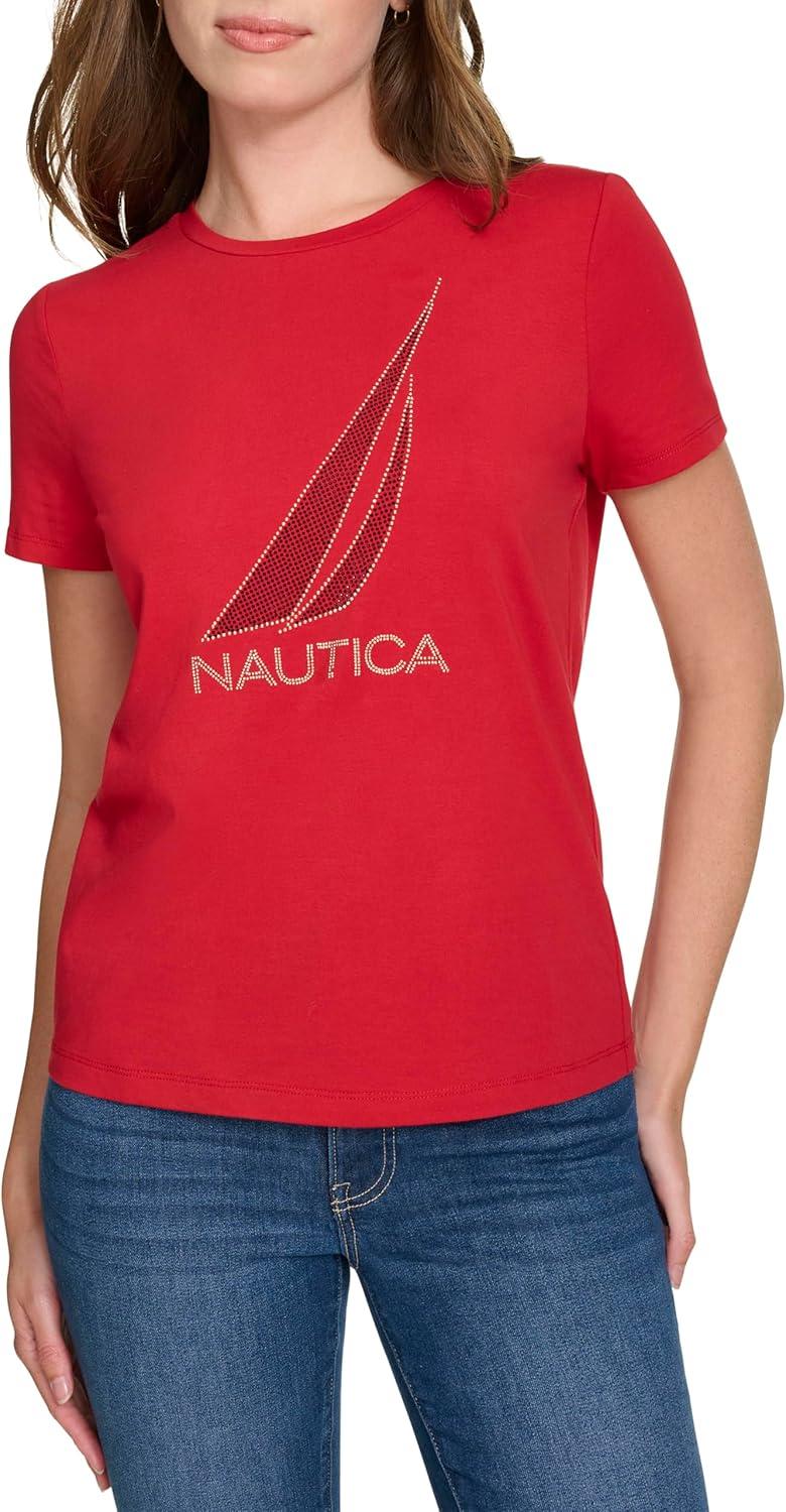 imageNautica Womens Solid Short Sleeve Crew Neckline TShirtHaute Red