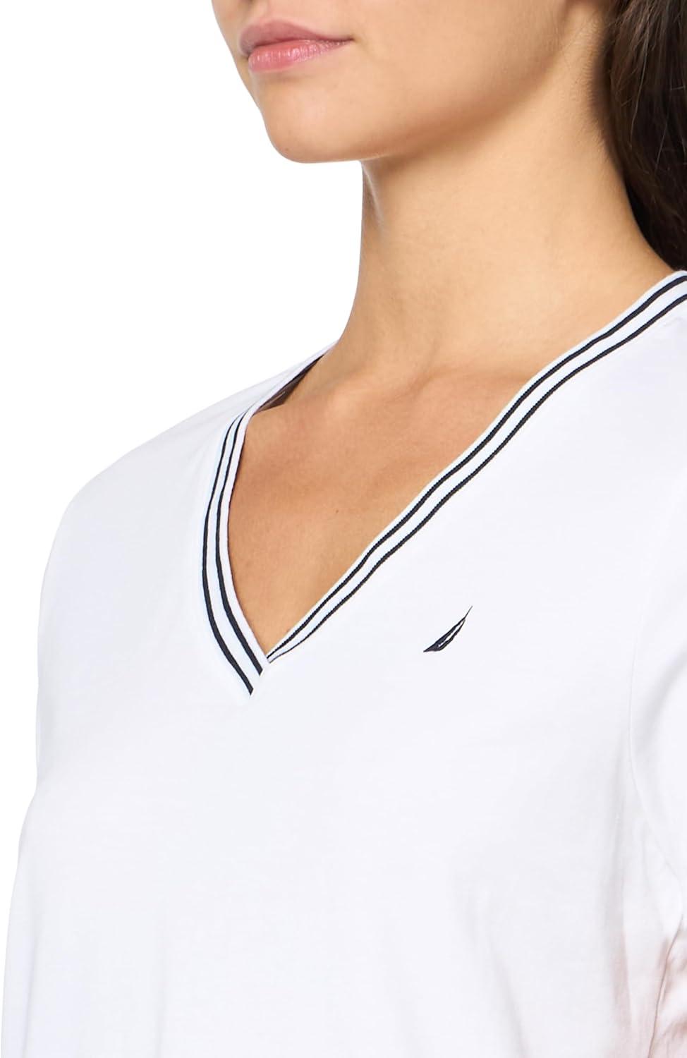 imageNautica Womens Solid VNeck Short Sleeve TShirtBright WhiteWhite