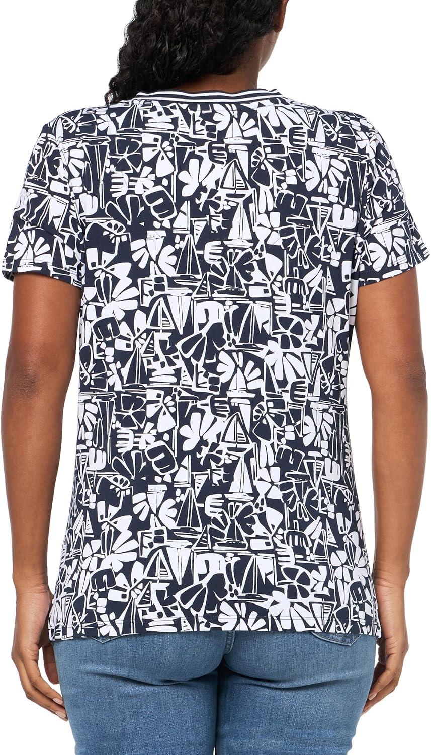 imageNautica Womens Solid VNeck Short Sleeve TShirtNight SkyBright White Multi