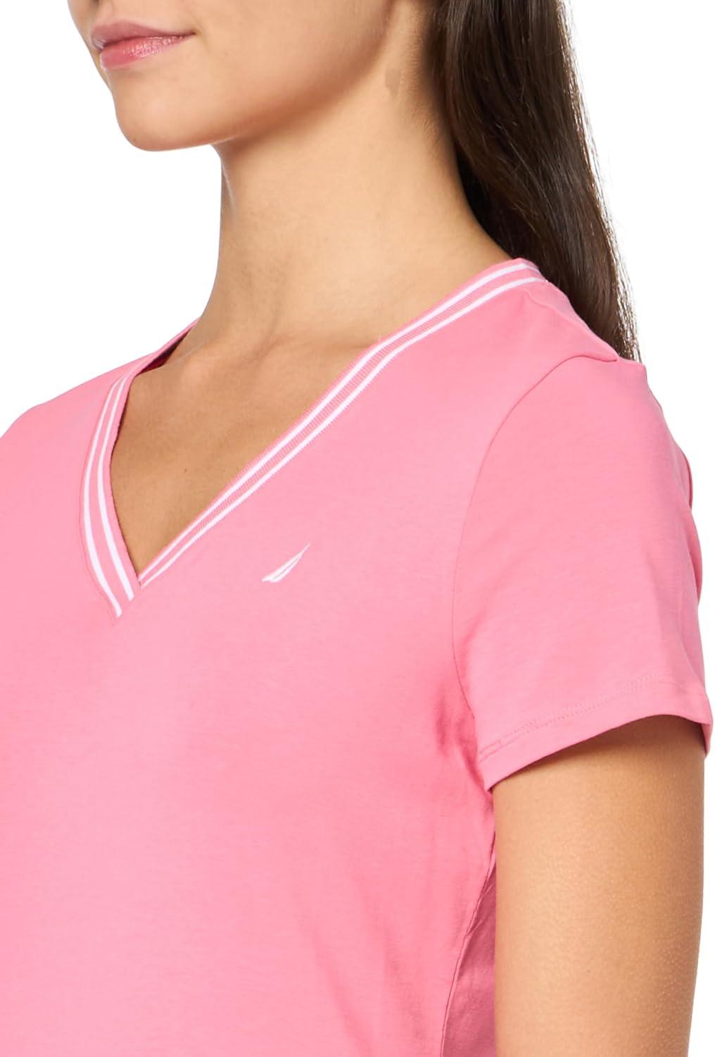 imageNautica Womens Solid VNeck Short Sleeve TShirtPeony