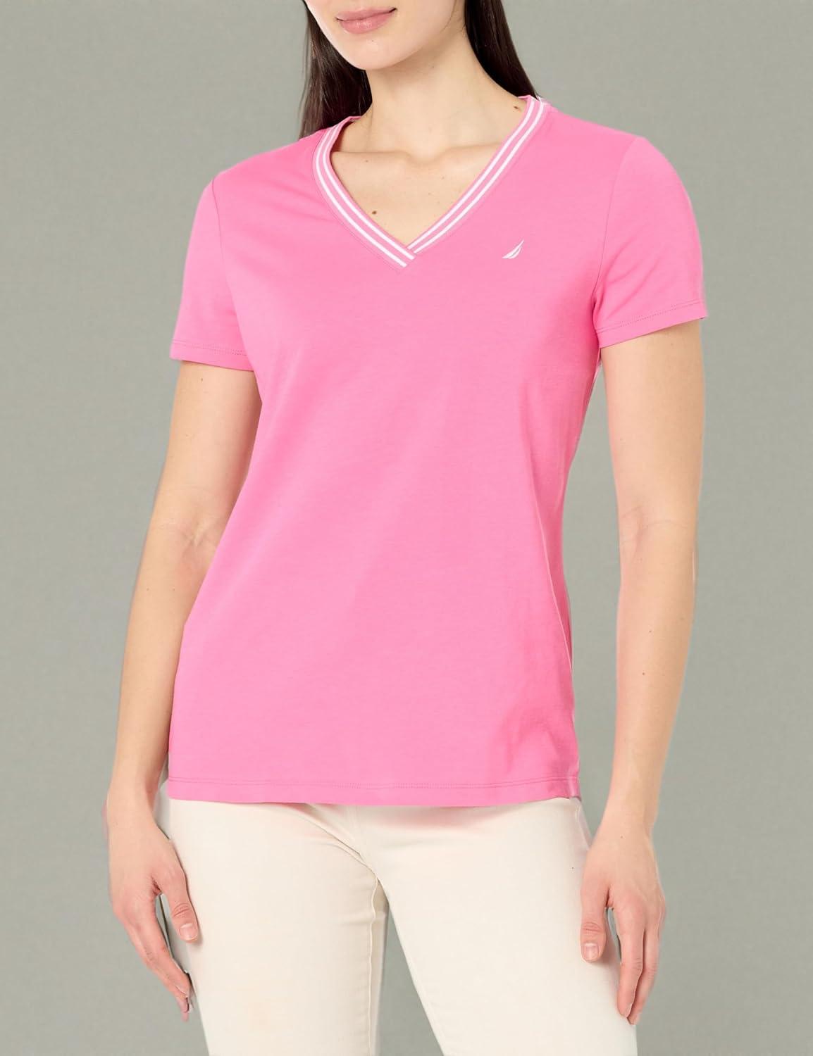 imageNautica Womens Solid VNeck Short Sleeve TShirtSangria Sunset