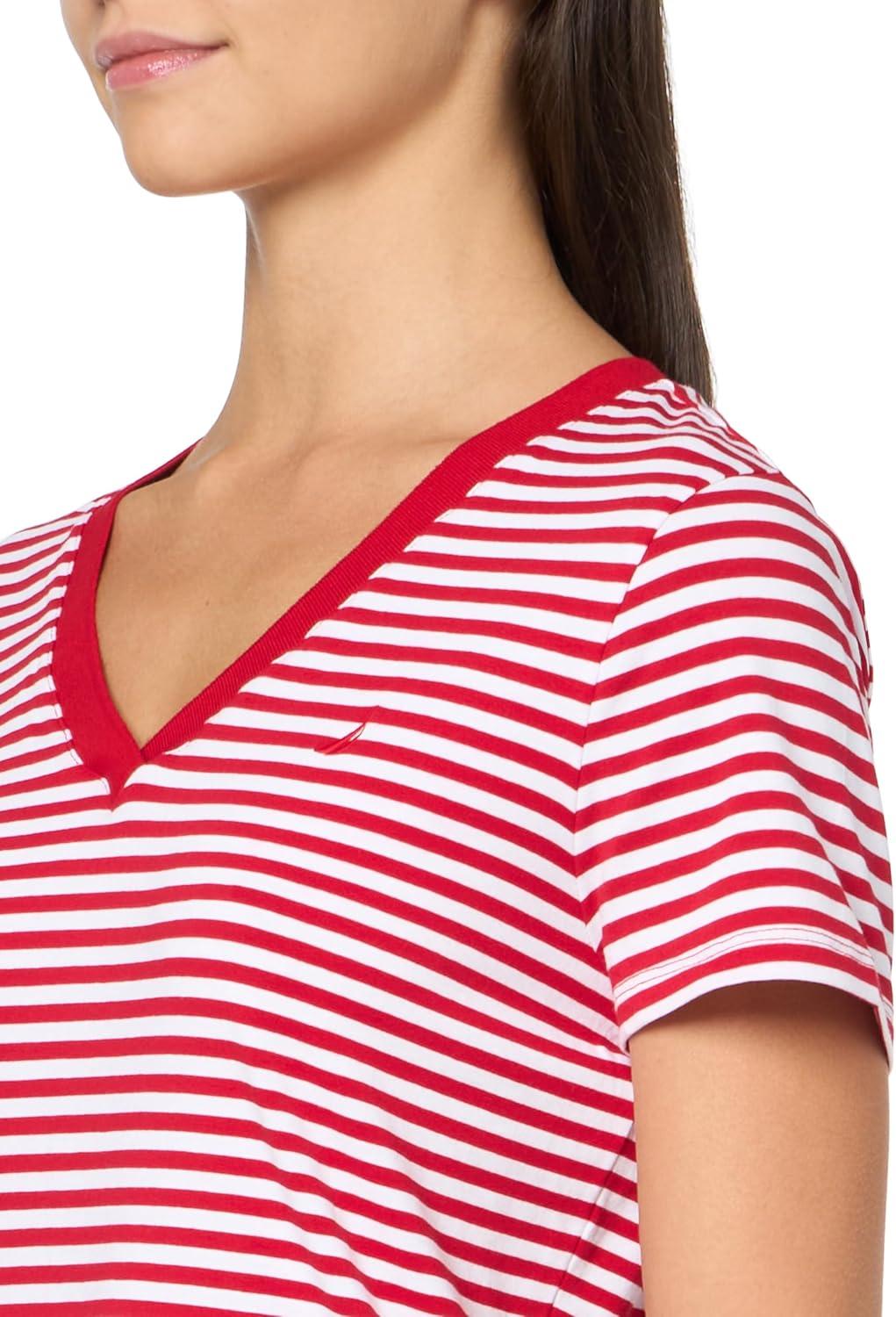 imageNautica Womens Solid VNeck Short Sleeve TShirtScarletBright White