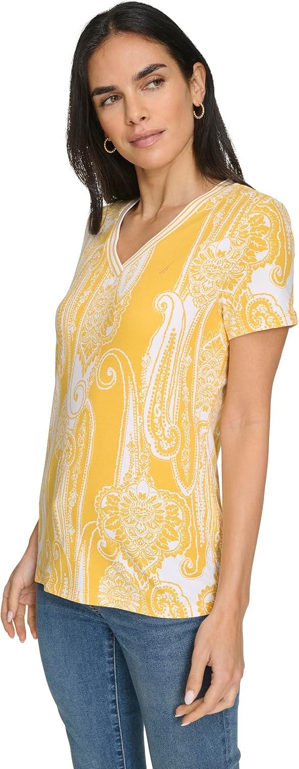 imageNautica Womens Stripe VNeck Short Sleeve TShirtGoldenrodWhite