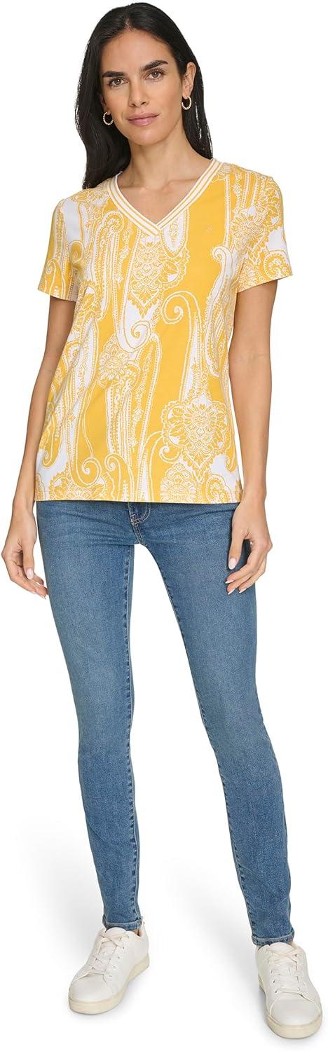 imageNautica Womens Stripe VNeck Short Sleeve TShirtGoldenrodWhite