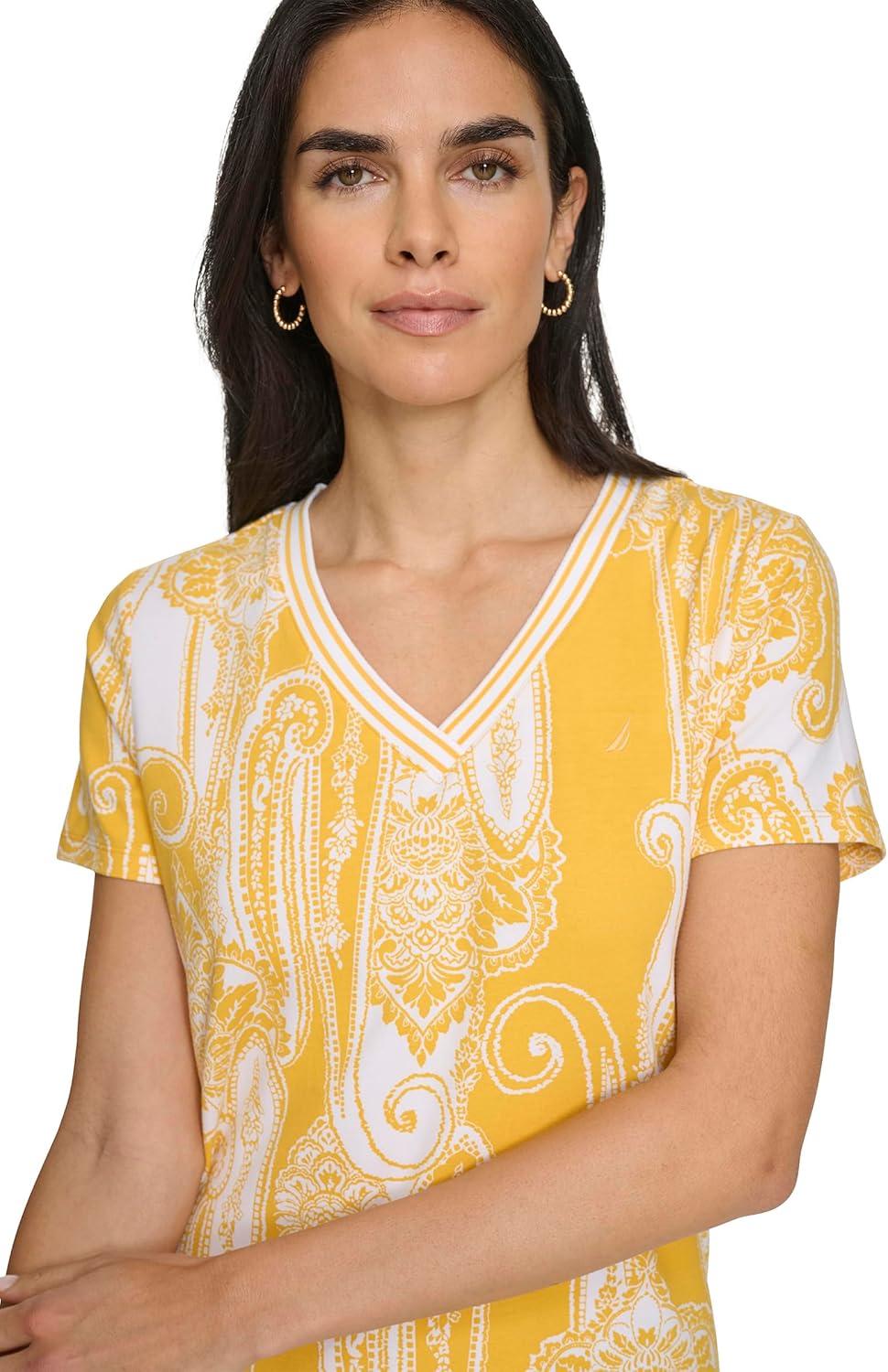 imageNautica Womens Stripe VNeck Short Sleeve TShirtGoldenrodWhite