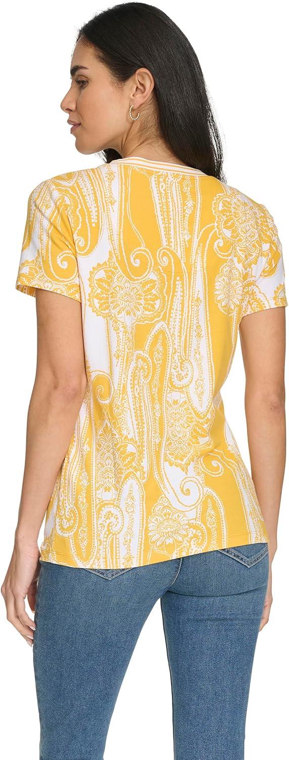 imageNautica Womens Stripe VNeck Short Sleeve TShirtGoldenrodWhite