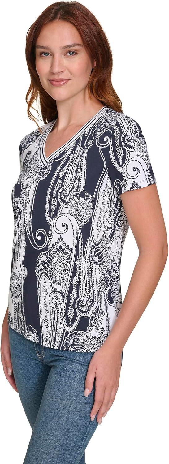 imageNautica Womens Stripe VNeck Short Sleeve TShirtNight SkyBright White