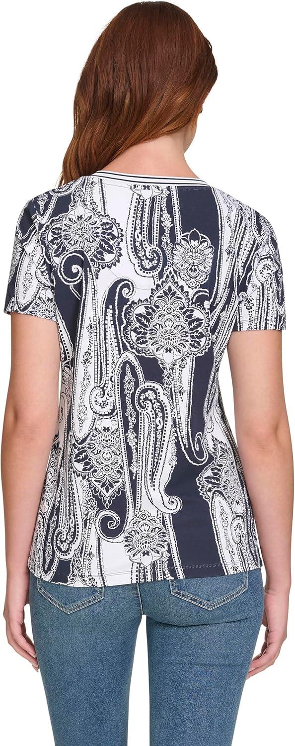 imageNautica Womens Stripe VNeck Short Sleeve TShirtNight SkyBright White