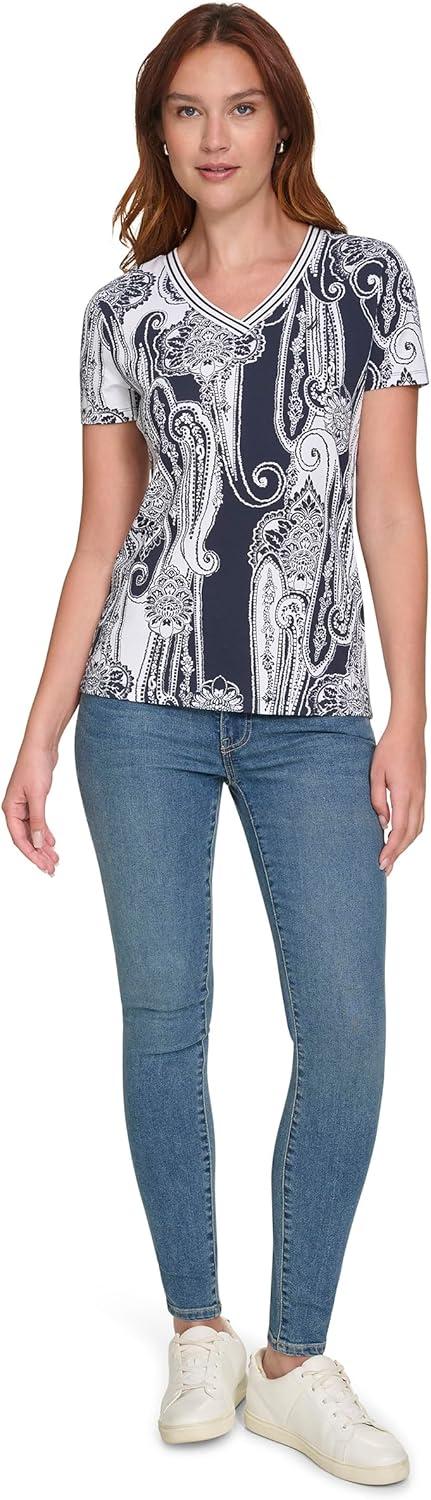 imageNautica Womens Stripe VNeck Short Sleeve TShirtNight SkyBright White