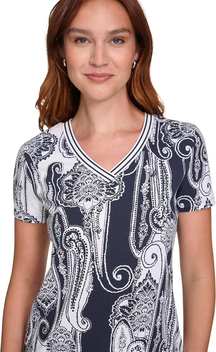 imageNautica Womens Stripe VNeck Short Sleeve TShirtNight SkyBright White