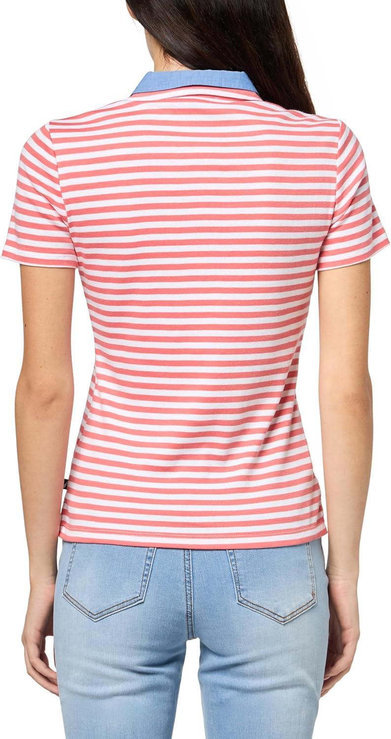 imageNautica Womens Striped Double Collar Knit Sleeve Johnny Collar Polo ShirtCoralieBright White