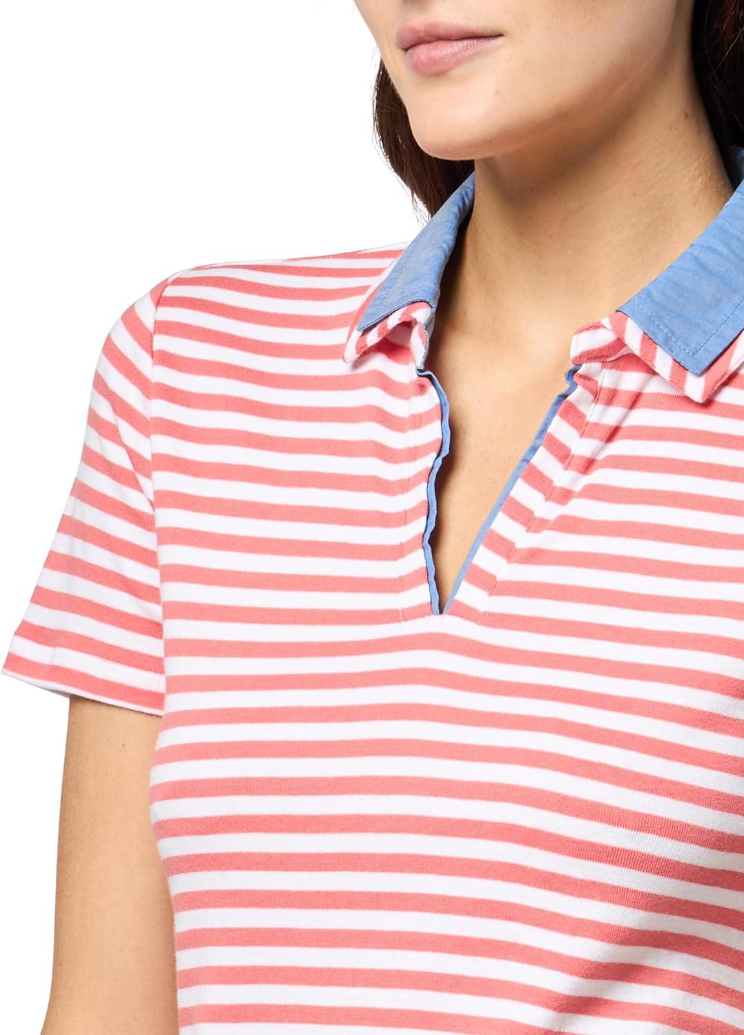 imageNautica Womens Striped Double Collar Knit Sleeve Johnny Collar Polo ShirtCoralieBright White