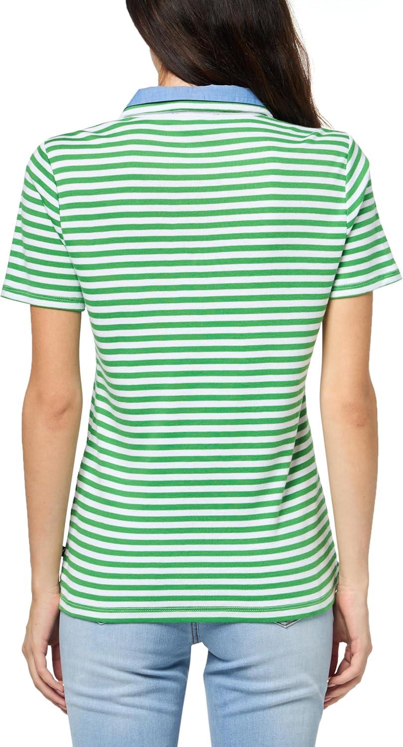 imageNautica Womens Striped Double Collar Knit Sleeve Johnny Collar Polo ShirtNew LeafBright White
