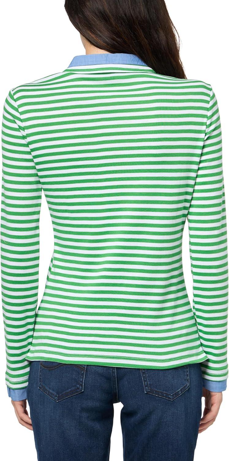 imageNautica Womens Striped Long Sleeve Knit Double Collar ShirtNew LeafBright White
