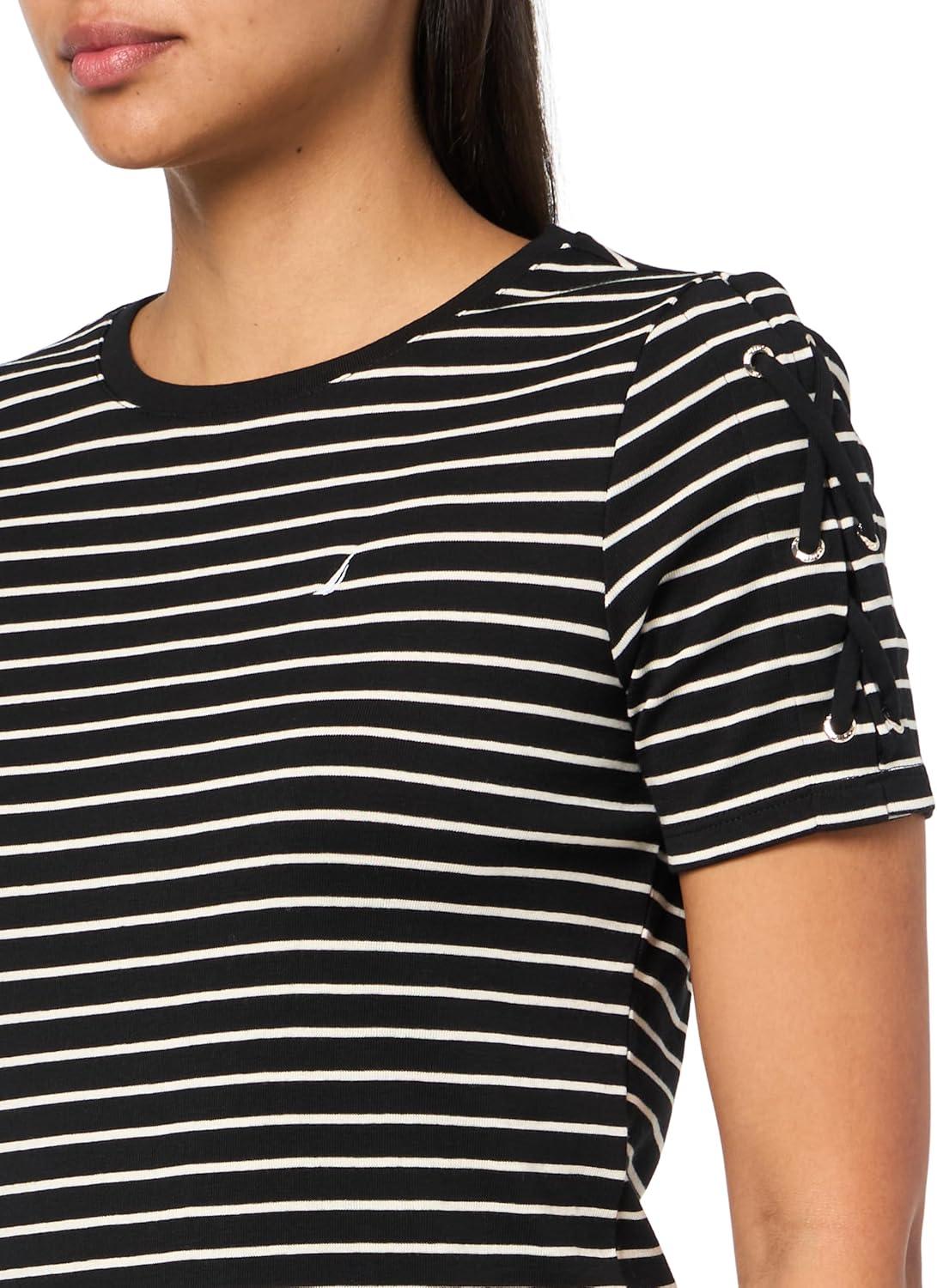 imageNautica Womens TShirt Cotton Crewneck with Laceup Sleeve DetailBlackWhite Swan