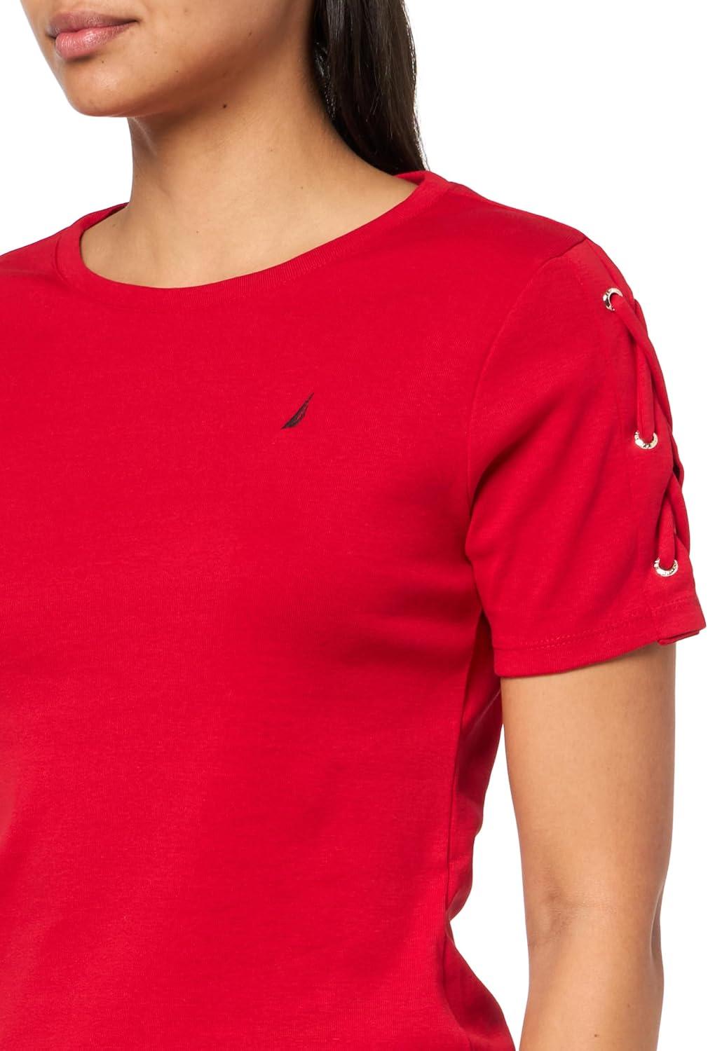 imageNautica Womens TShirt Cotton Crewneck with Laceup Sleeve DetailHaute Red