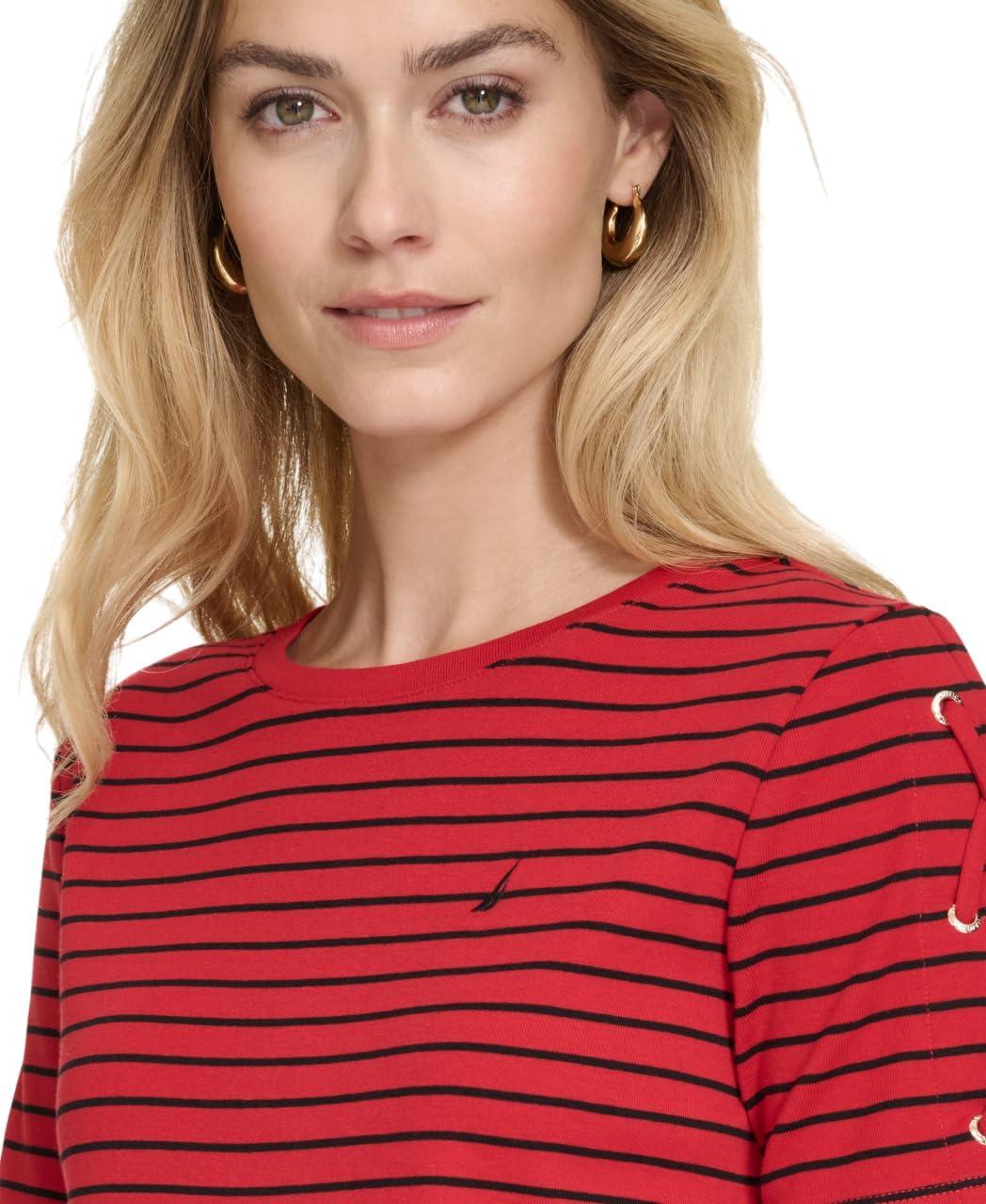 imageNautica Womens TShirt Cotton Crewneck with Laceup Sleeve DetailHaute RedBlack