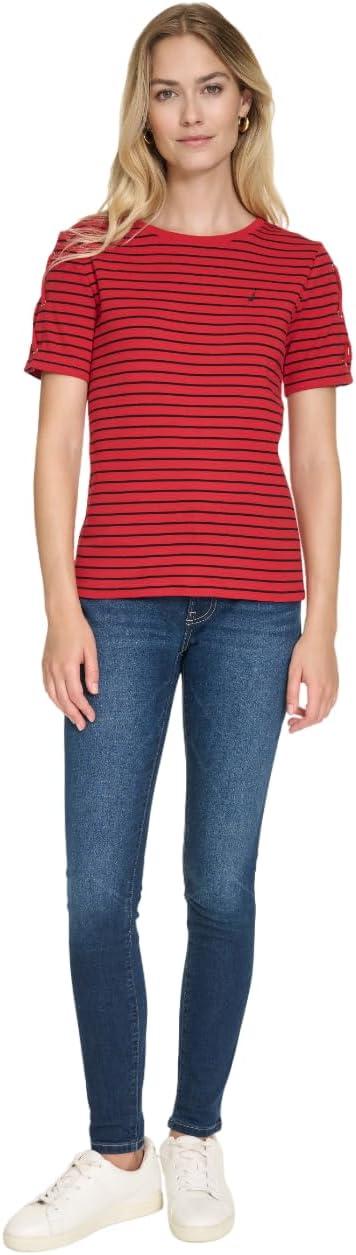 imageNautica Womens TShirt Cotton Crewneck with Laceup Sleeve DetailHaute RedBlack