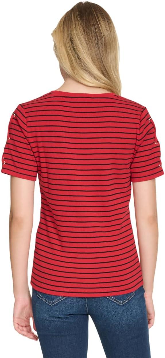imageNautica Womens TShirt Cotton Crewneck with Laceup Sleeve DetailHaute RedBlack