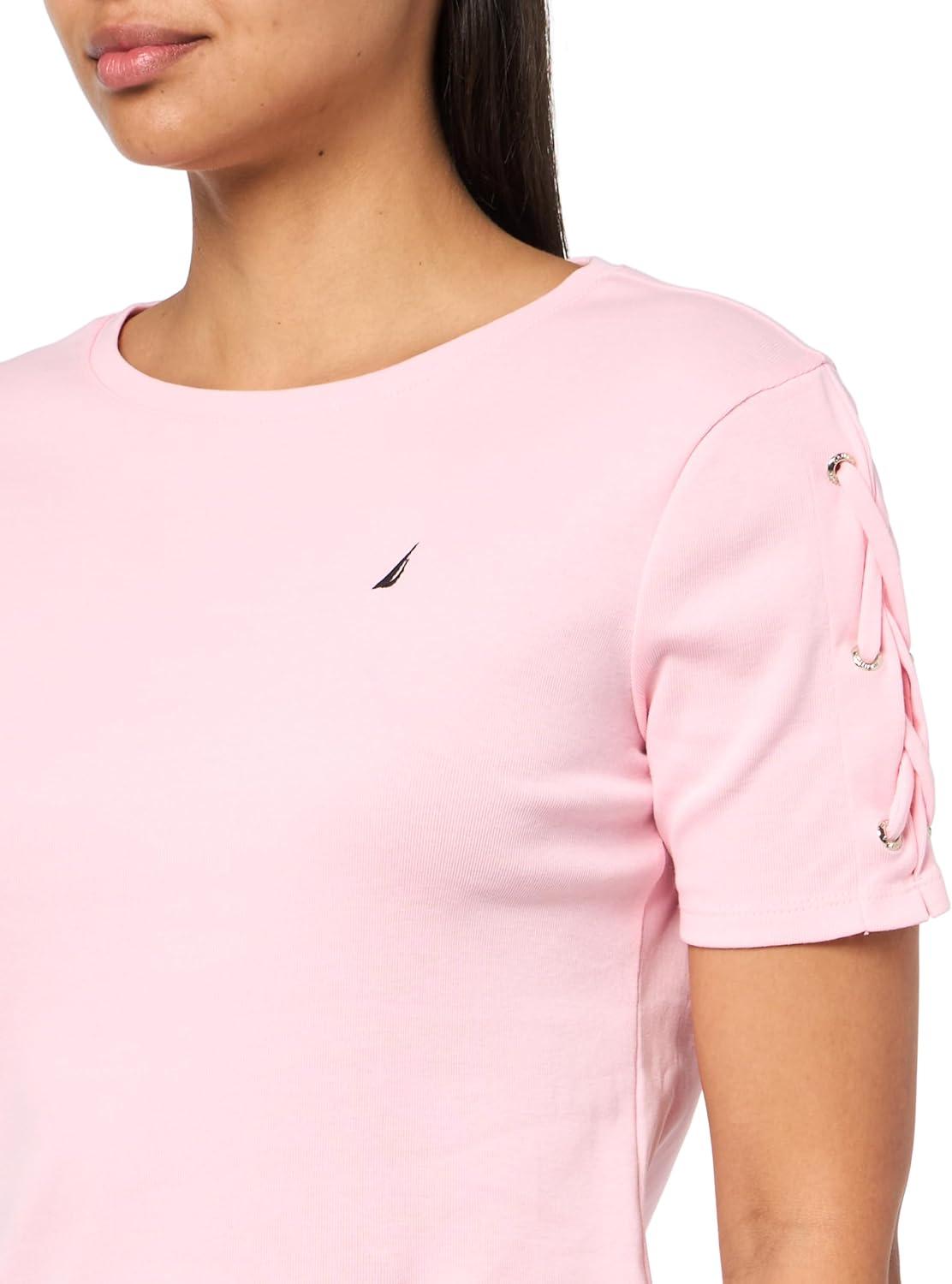 imageNautica Womens TShirt Cotton Crewneck with Laceup Sleeve DetailTaffy Pink