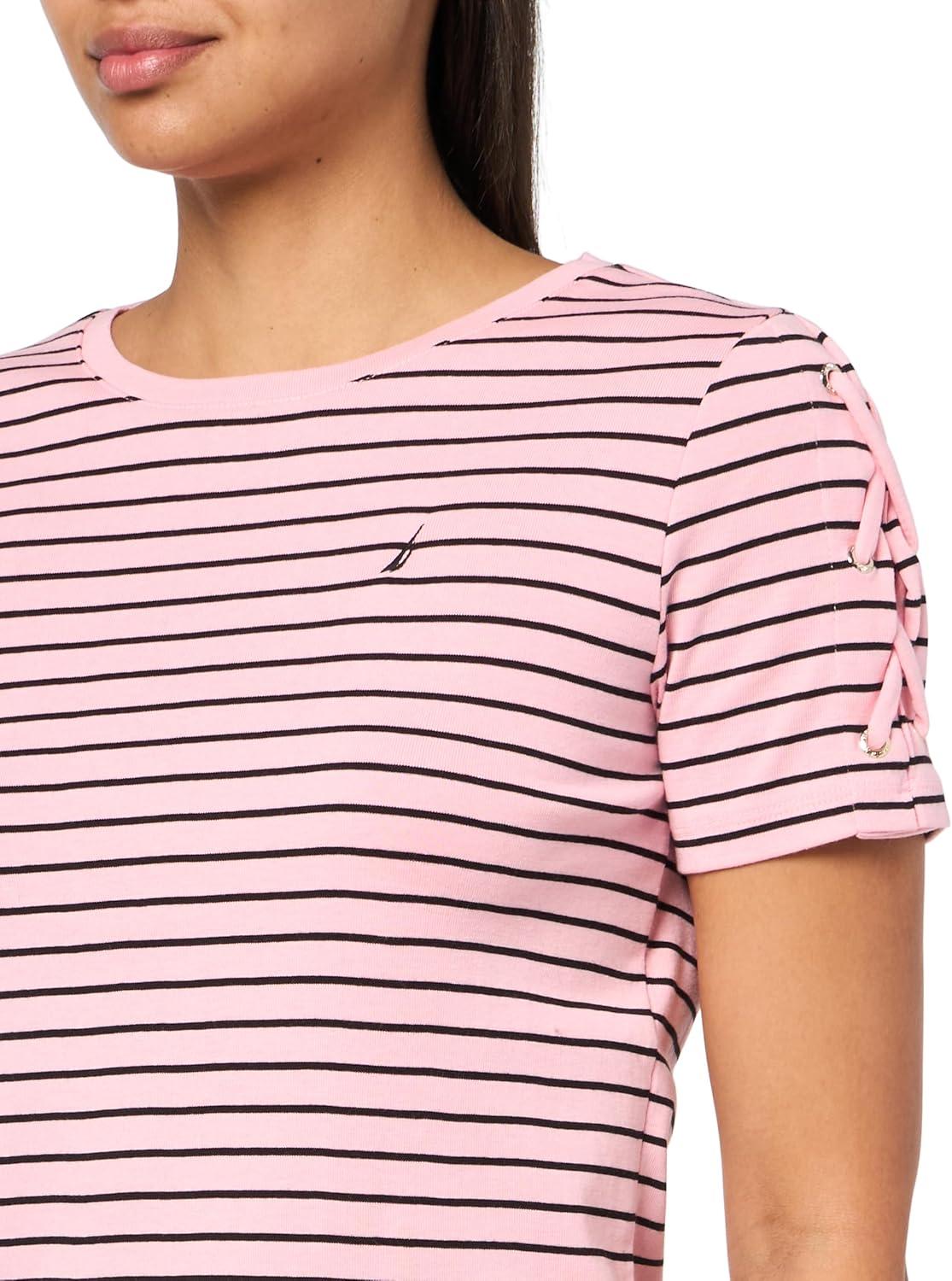 imageNautica Womens TShirt Cotton Crewneck with Laceup Sleeve DetailTaffy PinkBlack
