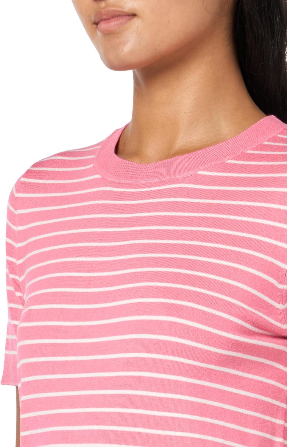 imageNautica Womens V Neck Stripe Short Sleeve SweaterPeony Ivory