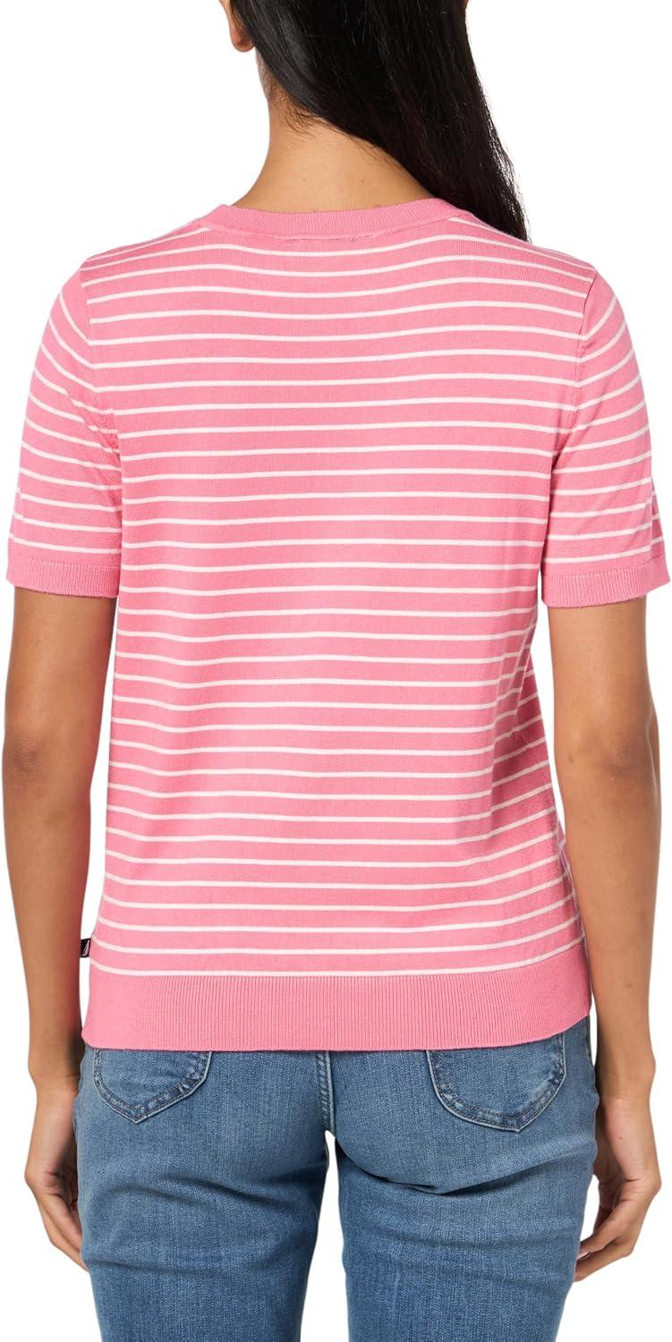 imageNautica Womens V Neck Stripe Short Sleeve SweaterPeony Ivory