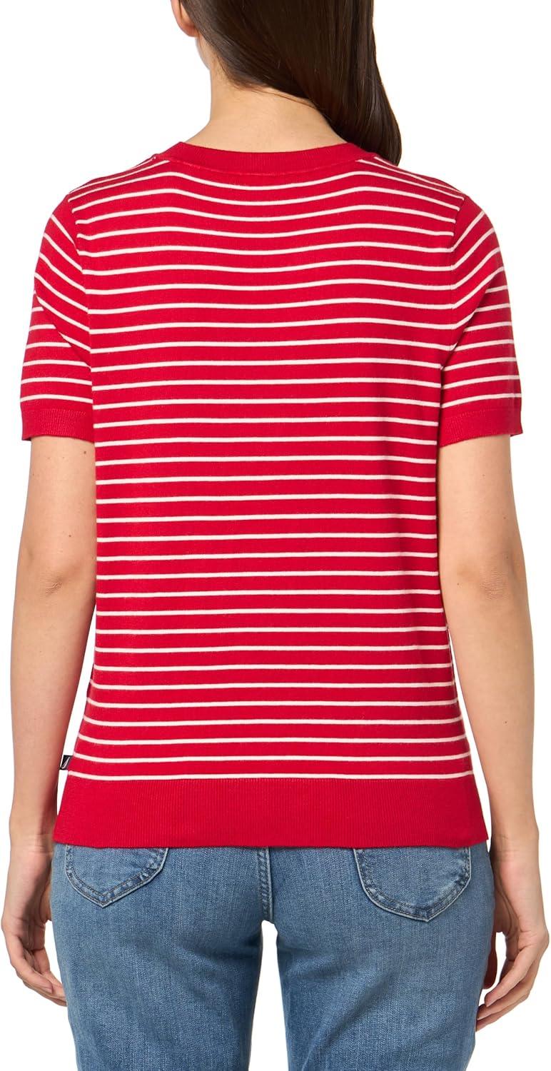 imageNautica Womens V Neck Stripe Short Sleeve SweaterScarlet Ivory