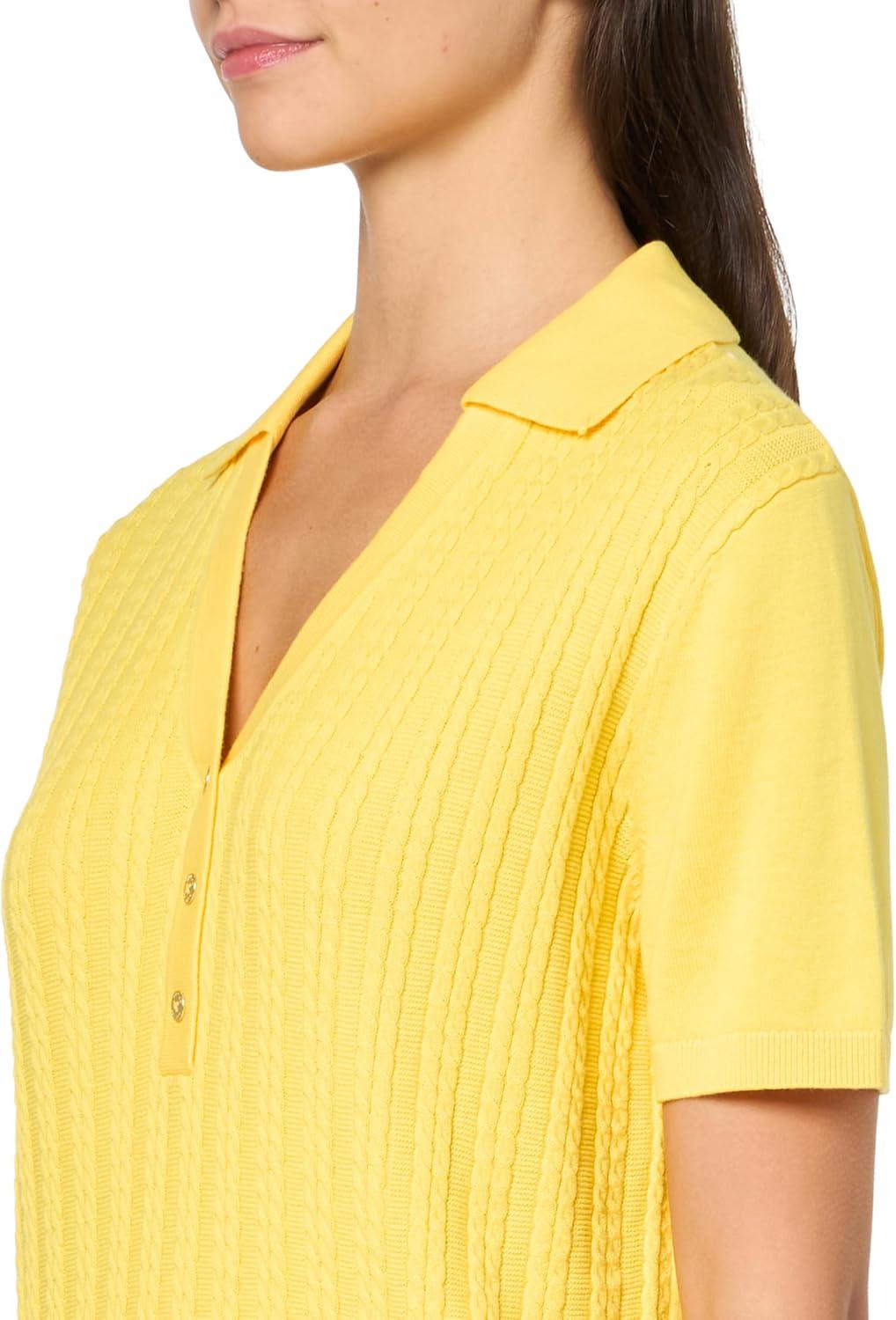 imageNautica Womens VNeck Cable Polo Long SleeveLemon Zest