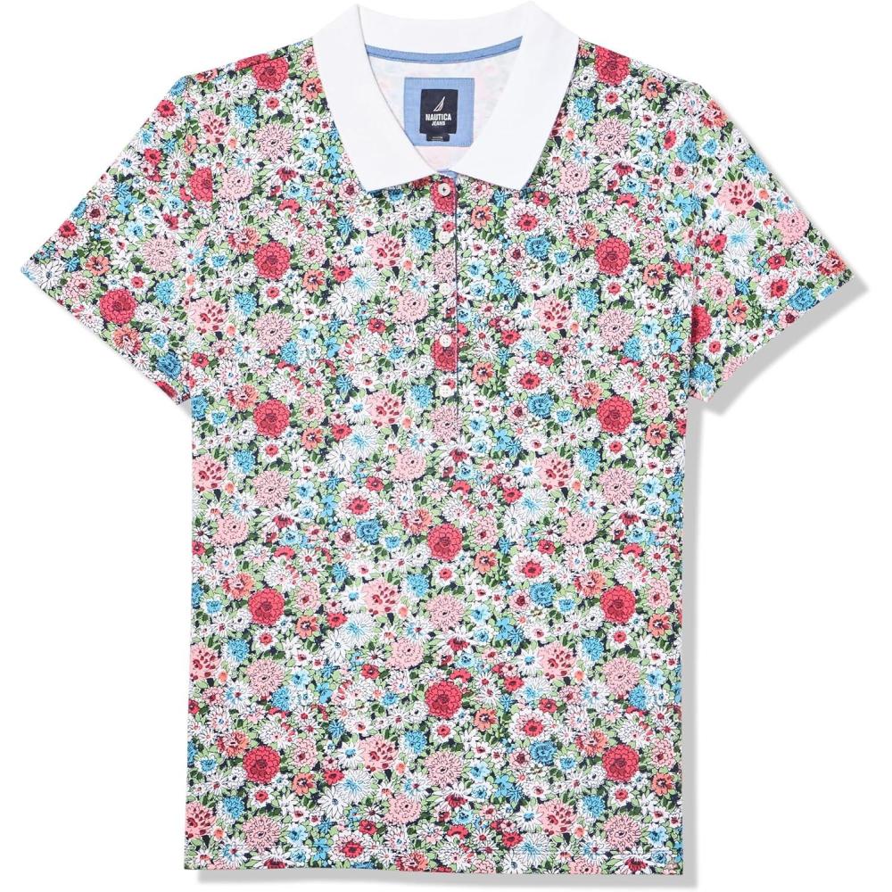 imageNautica Womens 5Button Short Sleeve Breathable 100 Cotton Polo ShirtBloom Multi