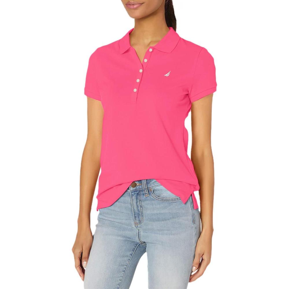 imageNautica Womens 5Button Short Sleeve Breathable 100 Cotton Polo ShirtLeis Pink