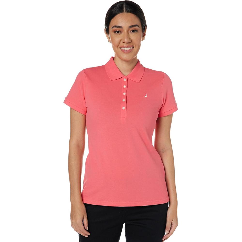 imageNautica Womens 5Button Short Sleeve Breathable 100 Cotton Polo ShirtMelon Pink