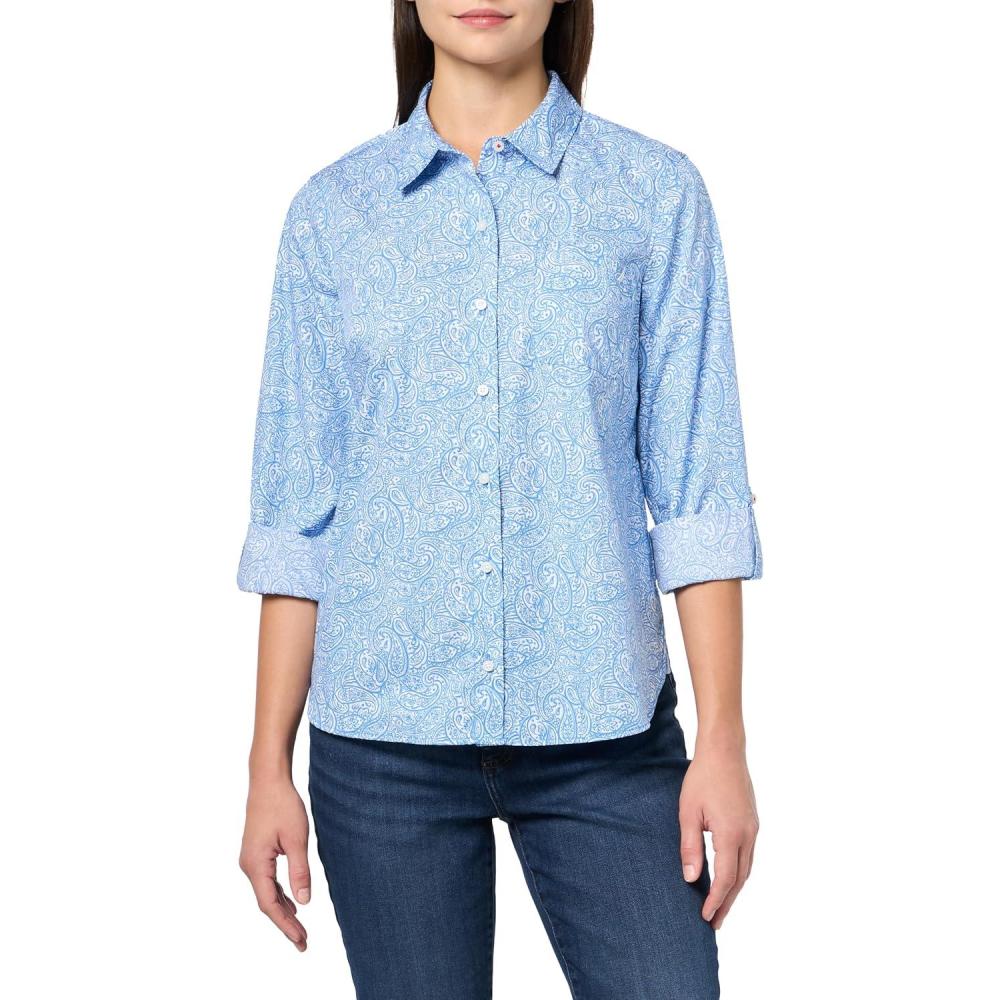 imageNautica Womens Button Front Long Sleeve Roll Tab ShirtBlue Haze Multi