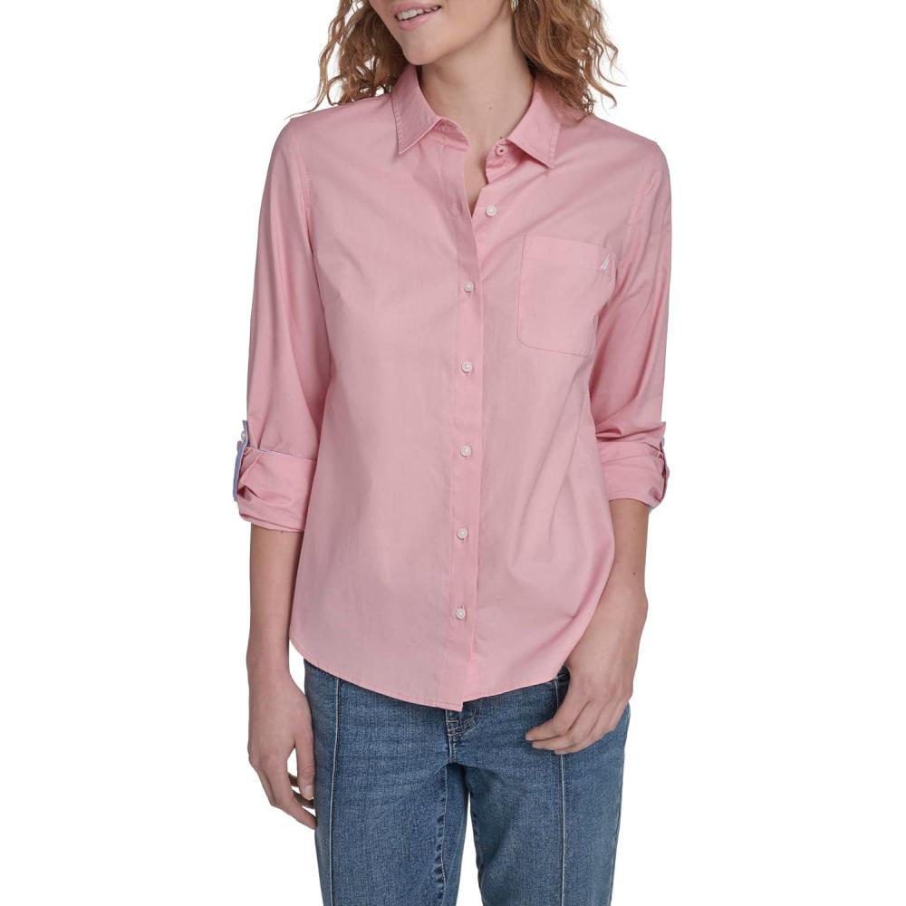 imageNautica Womens Button Front Long Sleeve Roll Tab ShirtBridal Rose