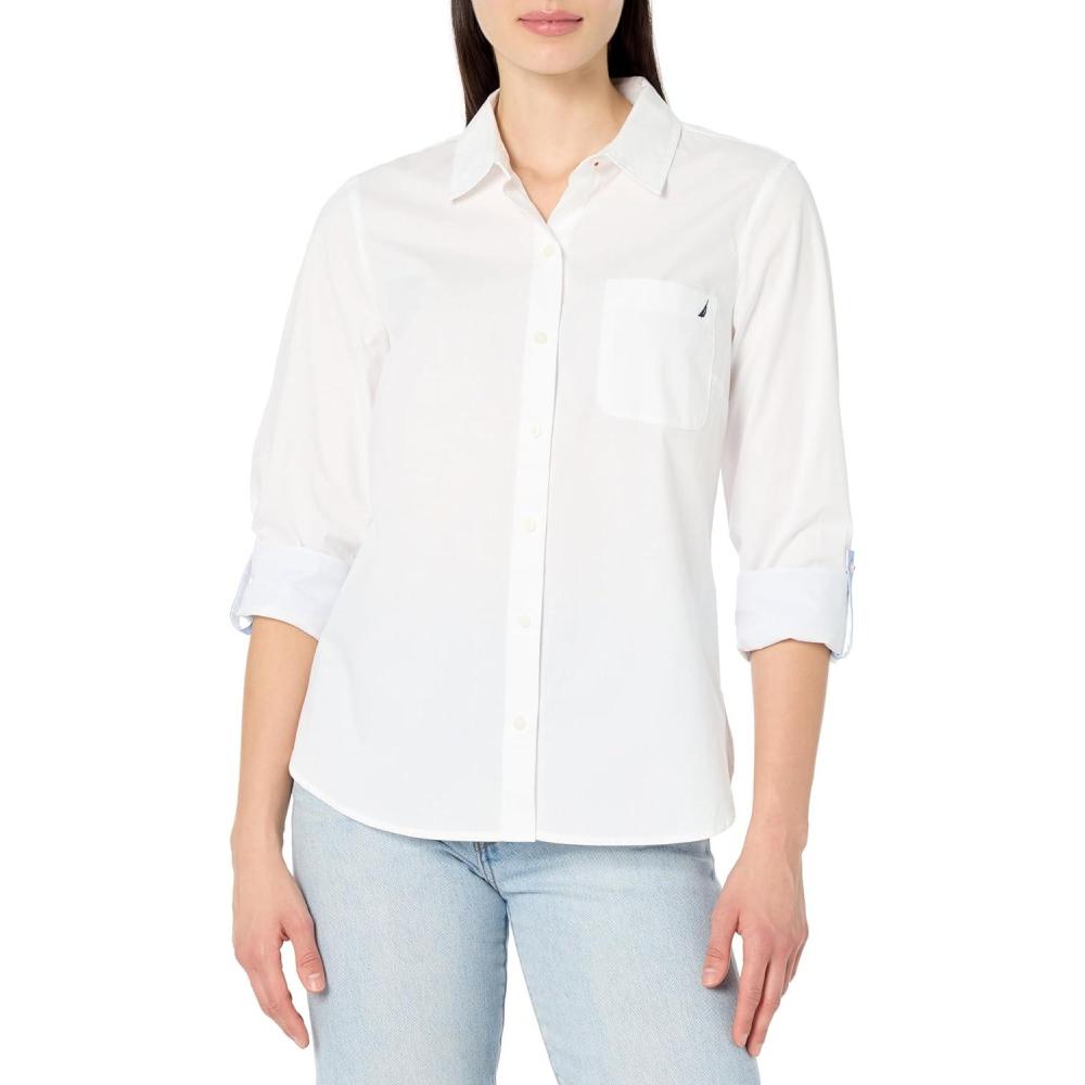 imageNautica Womens Button Front Long Sleeve Roll Tab ShirtBright White