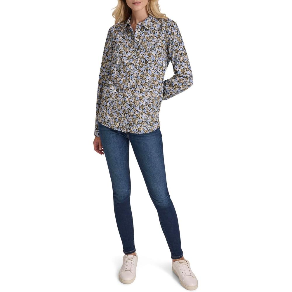 imageNautica Womens Button Front Long Sleeve Roll Tab ShirtDeep French Blue Multi