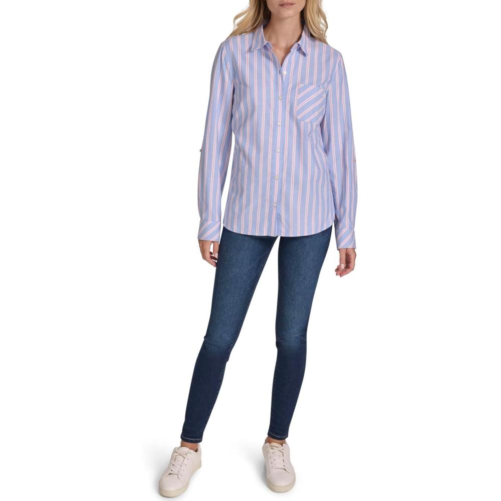 imageNautica Womens Button Front Long Sleeve Roll Tab ShirtFrench Blue Multi