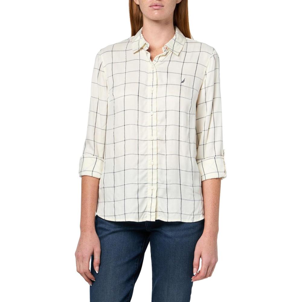 imageNautica Womens Button Front Long Sleeve Roll Tab ShirtIvory Multi