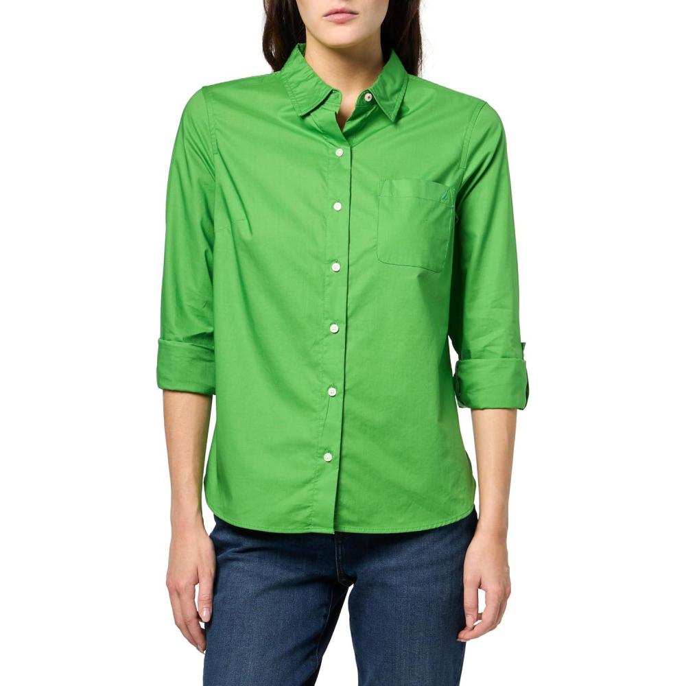 imageNautica Womens Button Front Long Sleeve Roll Tab ShirtNew Leaf