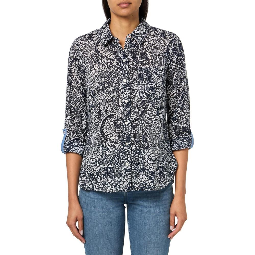 imageNautica Womens Button Front Long Sleeve Roll Tab ShirtNight Sky White Cap