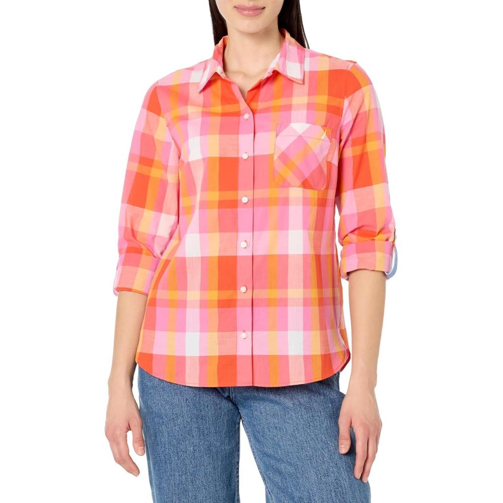 imageNautica Womens Button Front Long Sleeve Roll Tab ShirtSangria Sunset Multi