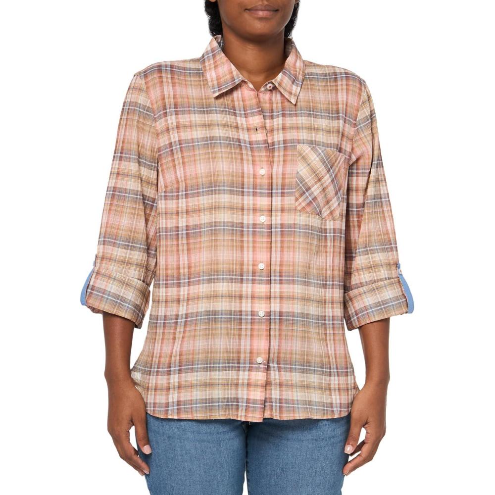 imageNautica Womens Button Front Long Sleeve Roll Tab ShirtTigers Eye