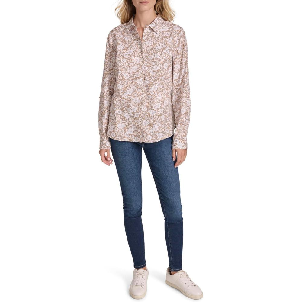 imageNautica Womens Button Front Long Sleeve Roll Tab ShirtTigers Eye Bright White
