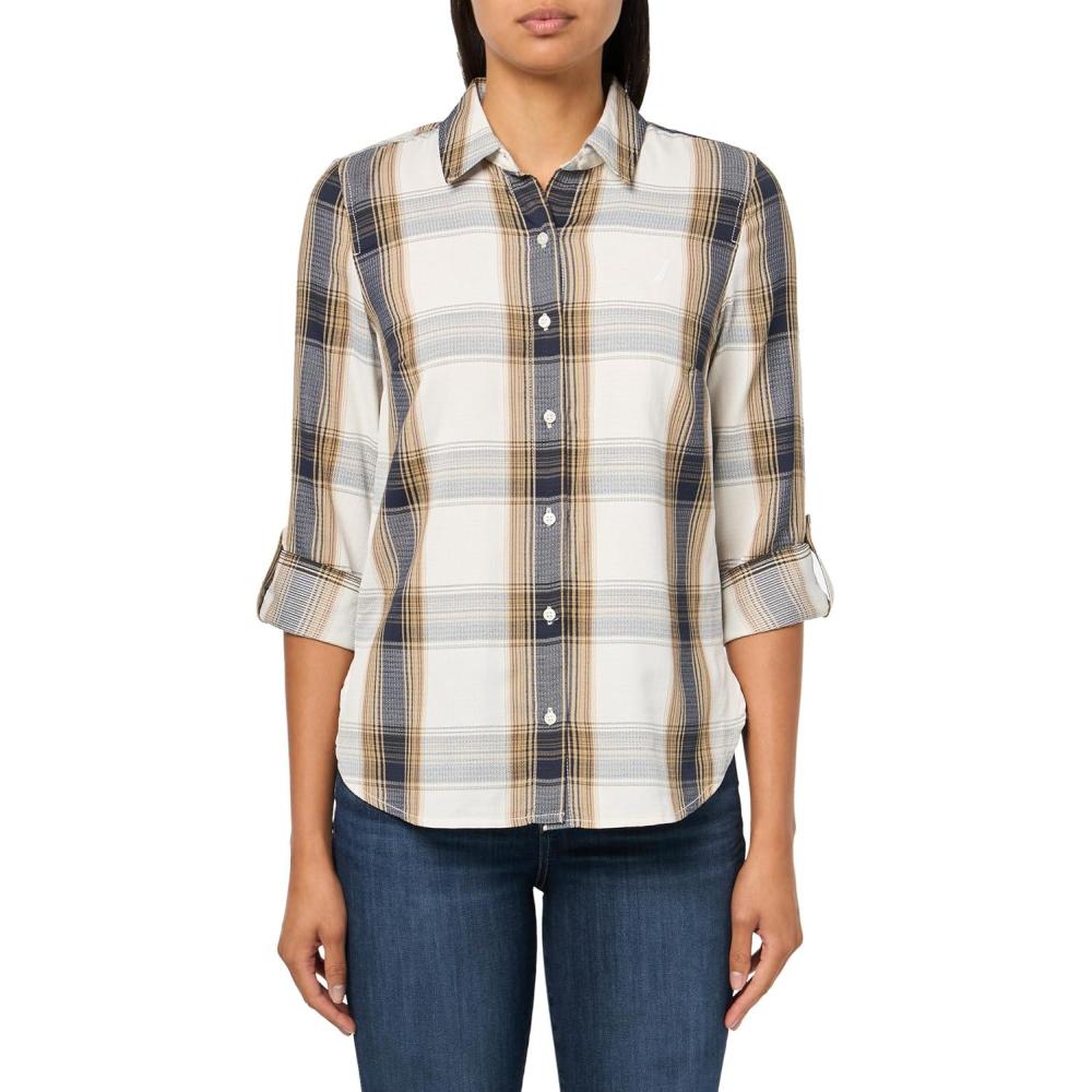 imageNautica Womens Button Front Long Sleeve Roll Tab ShirtTigers Eye Multi