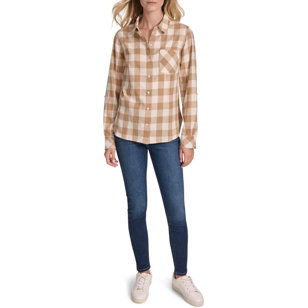 imageNautica Womens Button Front Long Sleeve Roll Tab ShirtTigers EyeWhite Swan