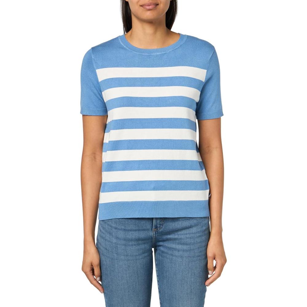 imageNautica Womens Crew Neck Stripe Short Sleeve SweaterBlue Haze Ivory