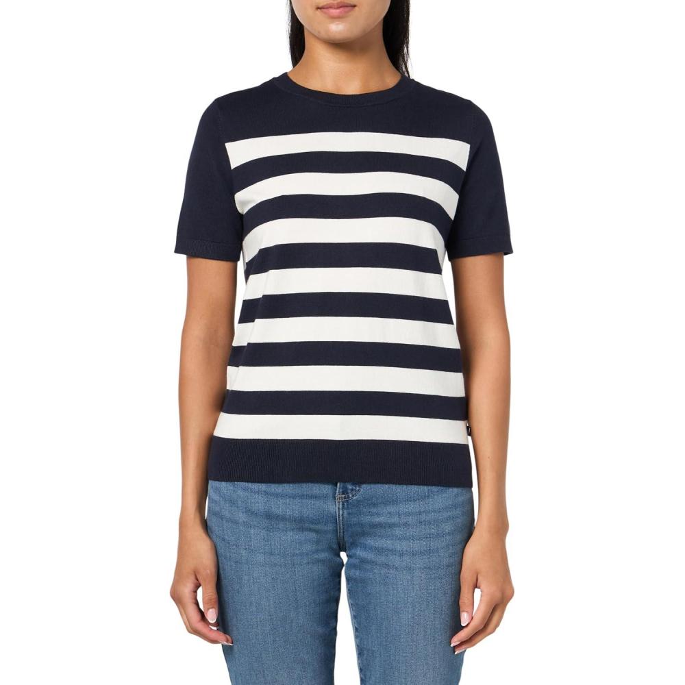 imageNautica Womens Crew Neck Stripe Short Sleeve SweaterSky Captain Ivory